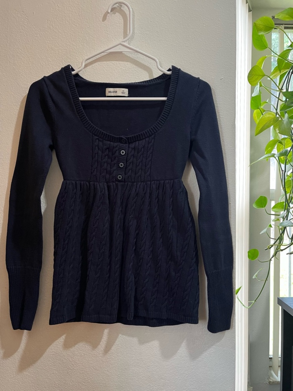 Hollister Navy Blue Knit Babydoll Sweater | Cable Knit Peplum Top XS